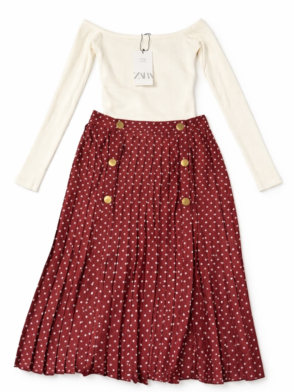 Zara Burgundy Polka Dot Pleated Midi Skirt with Gold Buttons